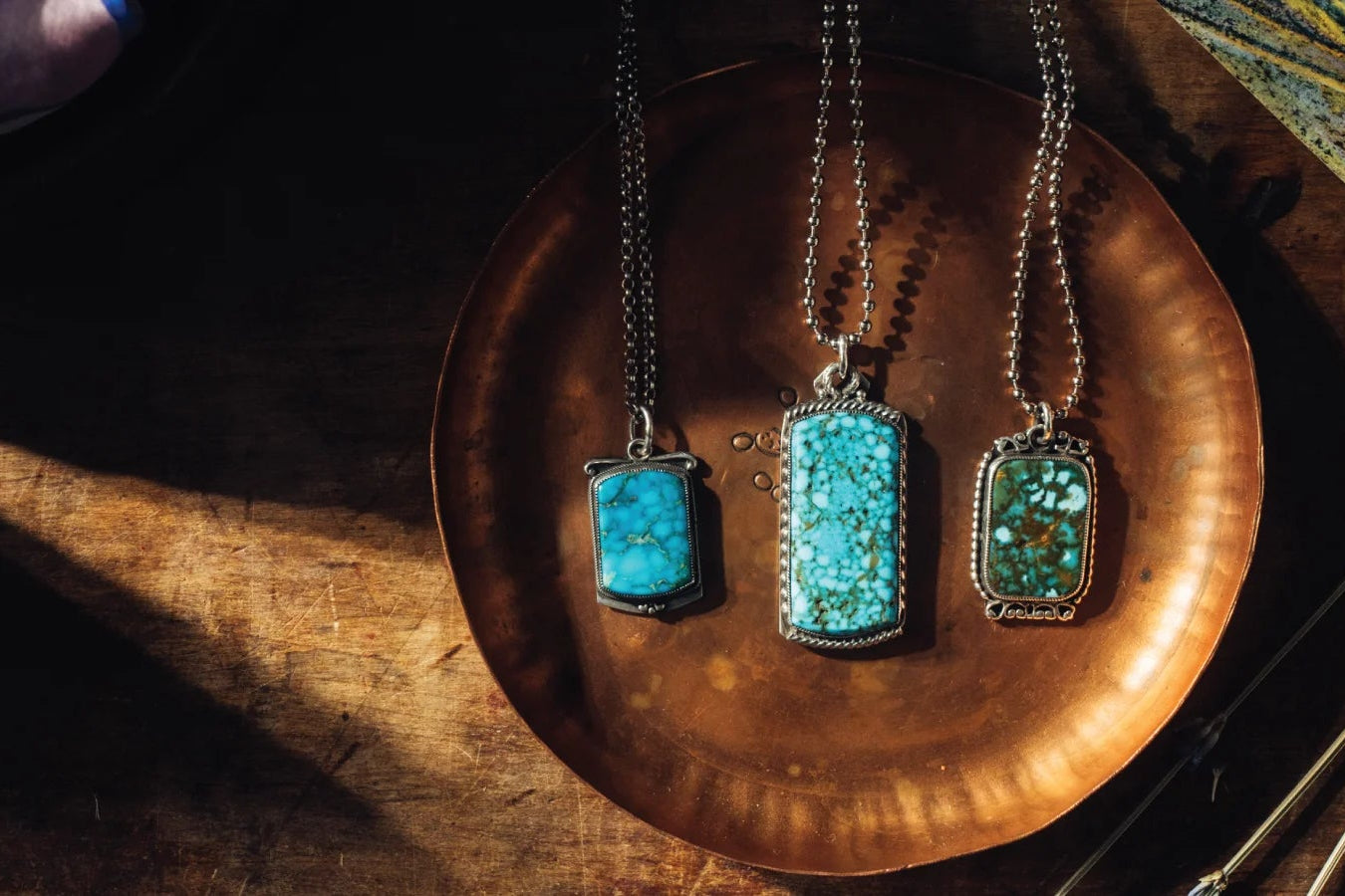 three turquoise dog tag necklaces by aldrich art studio jewelry